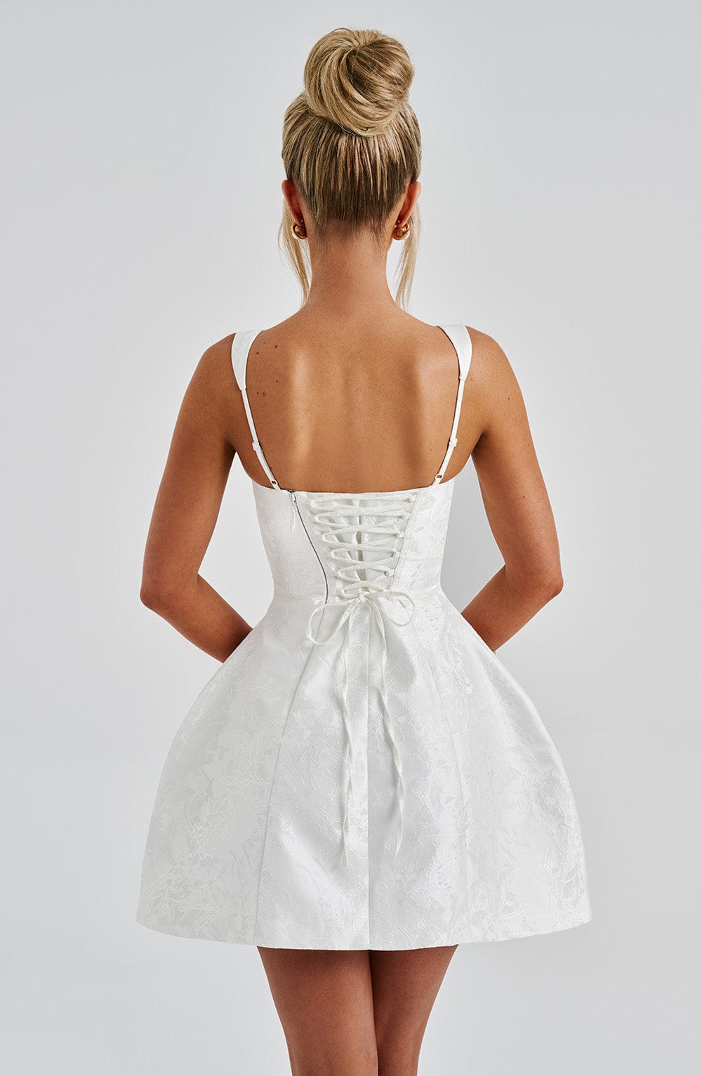 Floral Jacquard Square Neck Sleeveless Bow Back Puffball Mini Dress 8