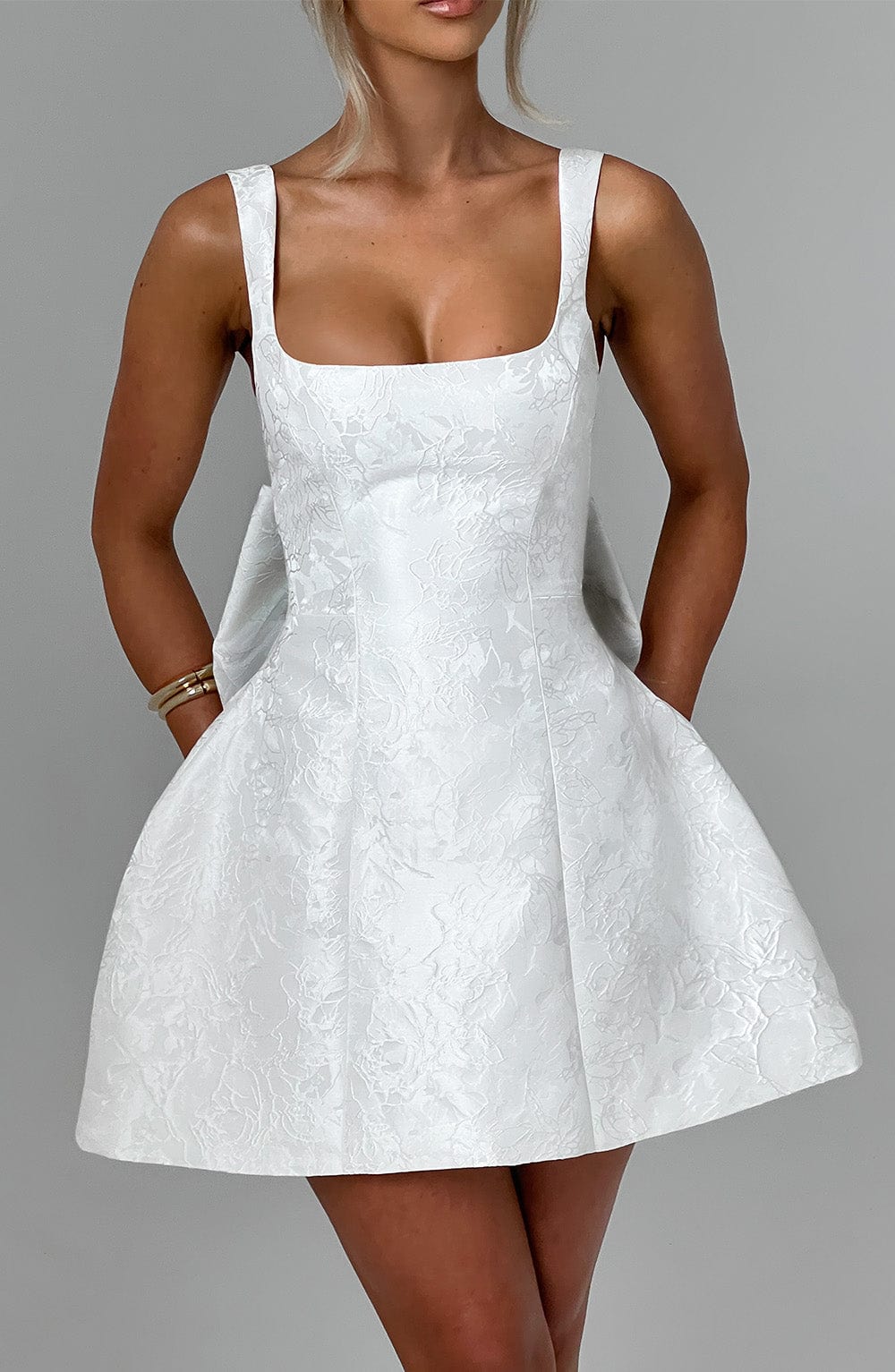 Floral Jacquard Square Neck Sleeveless Bow Back Puffball Mini Dress 3