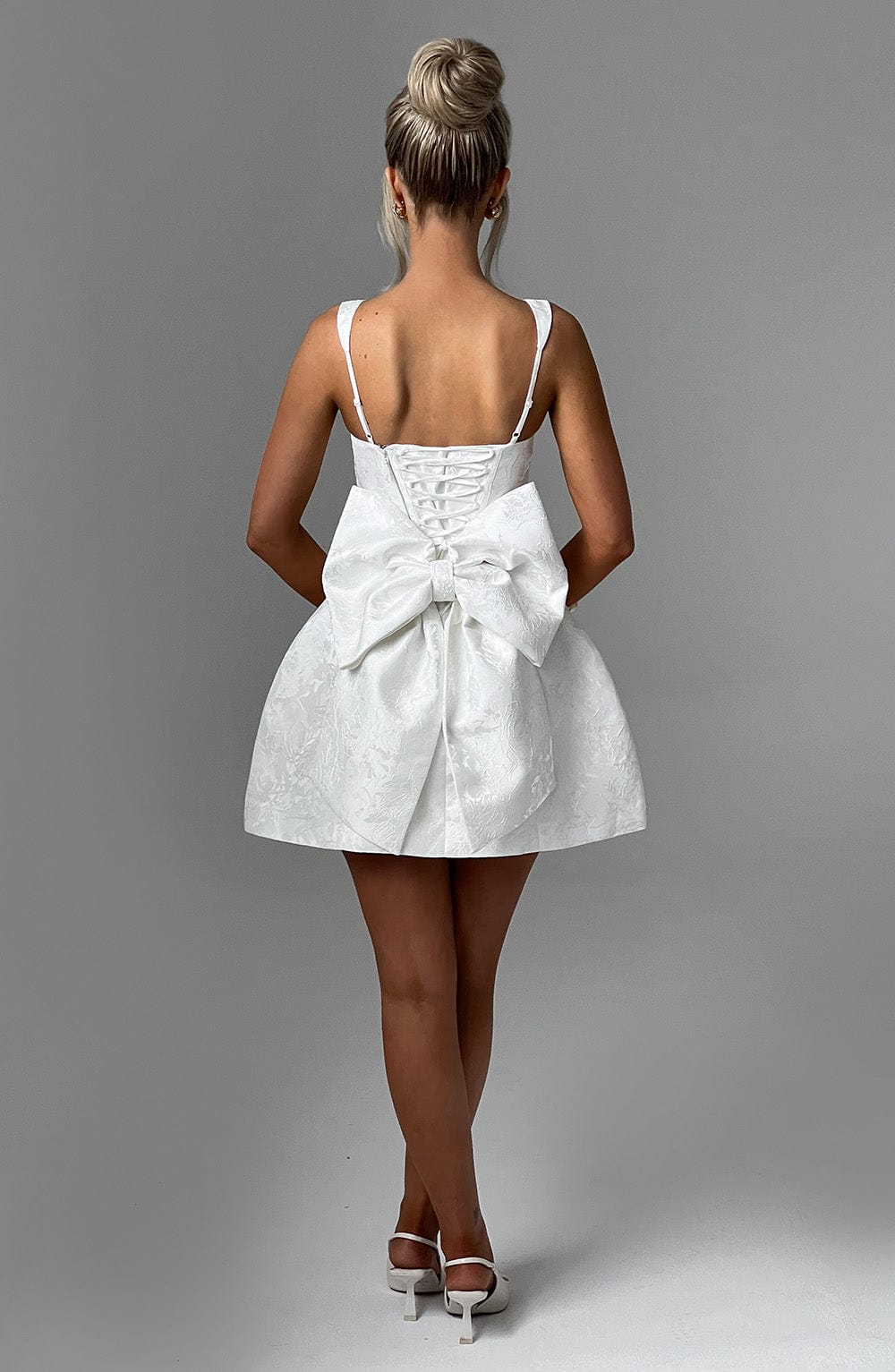 Floral Jacquard Square Neck Sleeveless Bow Back Puffball Mini Dress 5