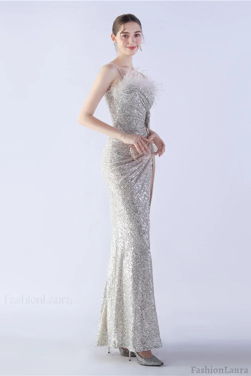 Ostrich Feather Embellished Maxi Dress