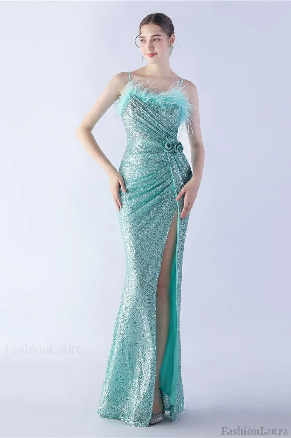 Ostrich Feather Embellished Maxi Dress