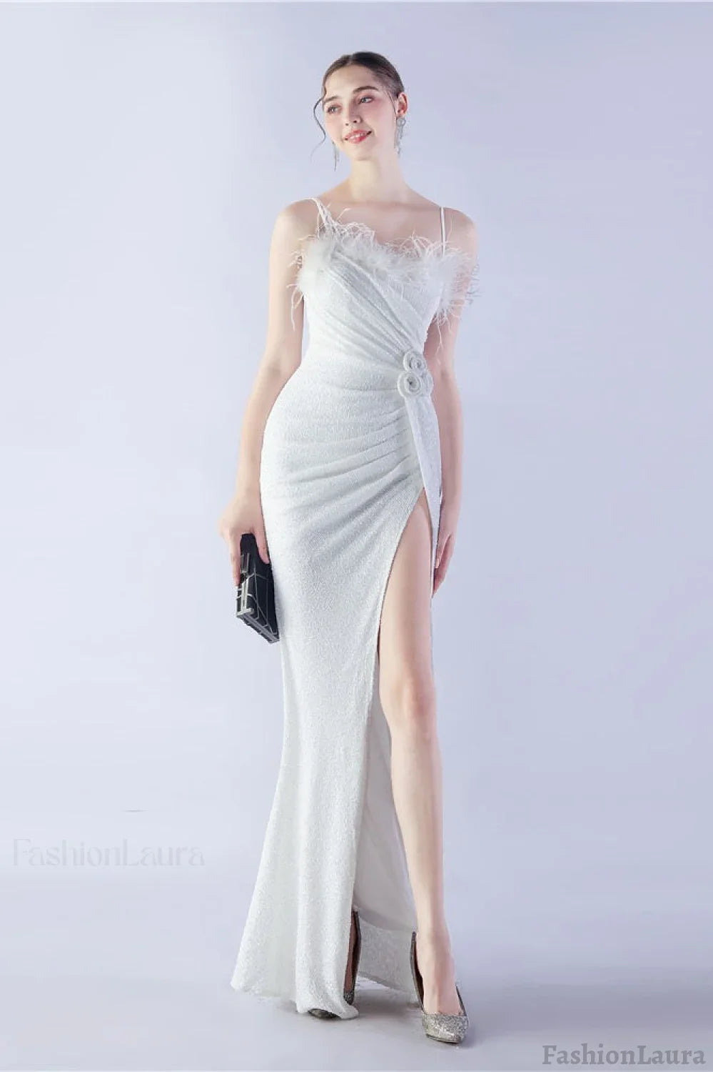 Ostrich Feather Embellished Maxi Dress