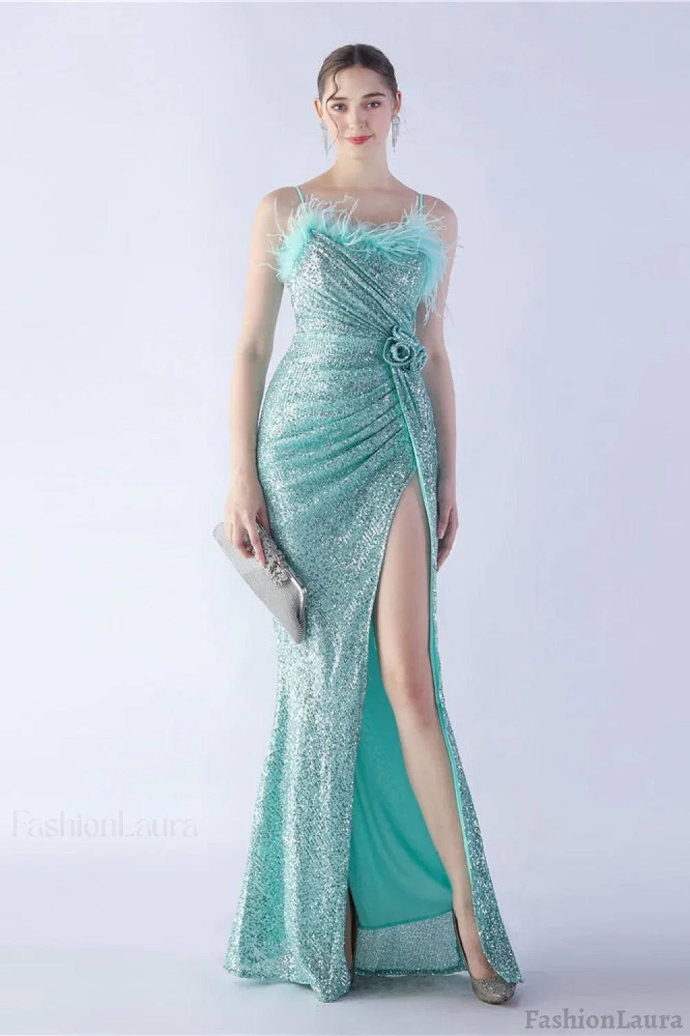 Ostrich Feather Embellished Maxi Dress