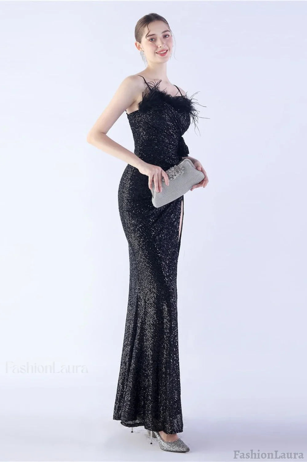 Ostrich Feather Embellished Maxi Dress Black / S
