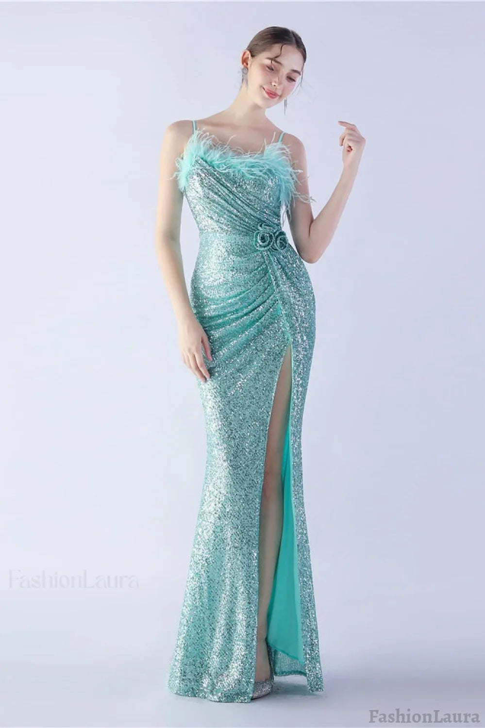 Ostrich Feather Embellished Maxi Dress Green / S