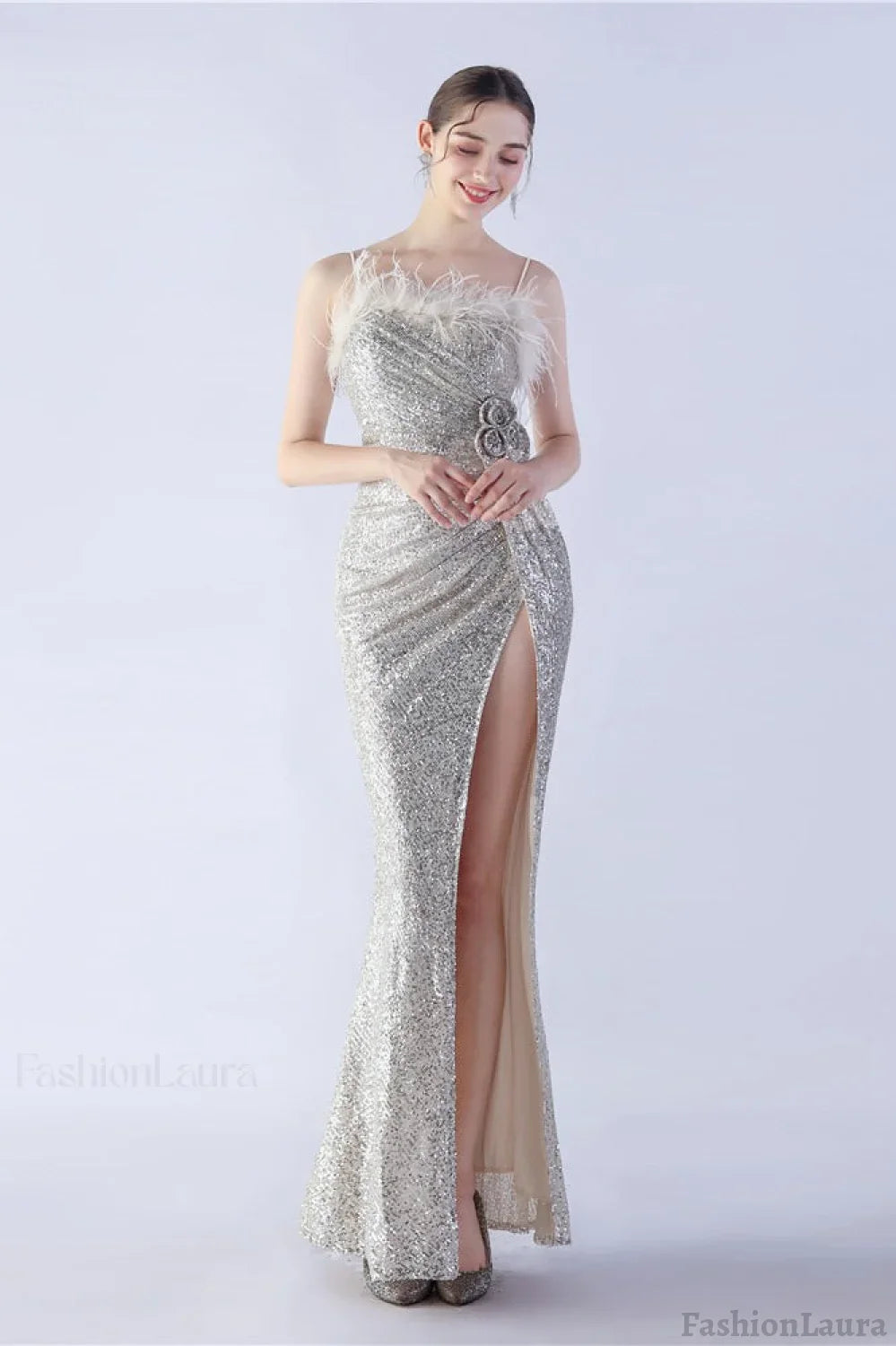 Ostrich Feather Embellished Maxi Dress Silver / S