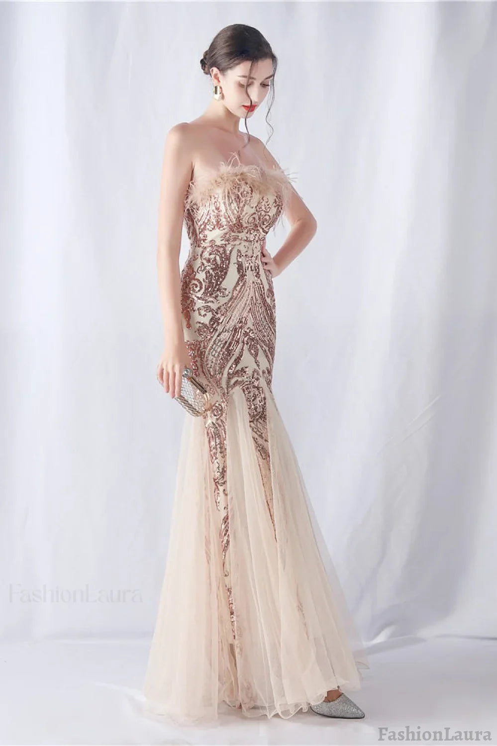 Ostrich Feather Sequin Evening Party Dress