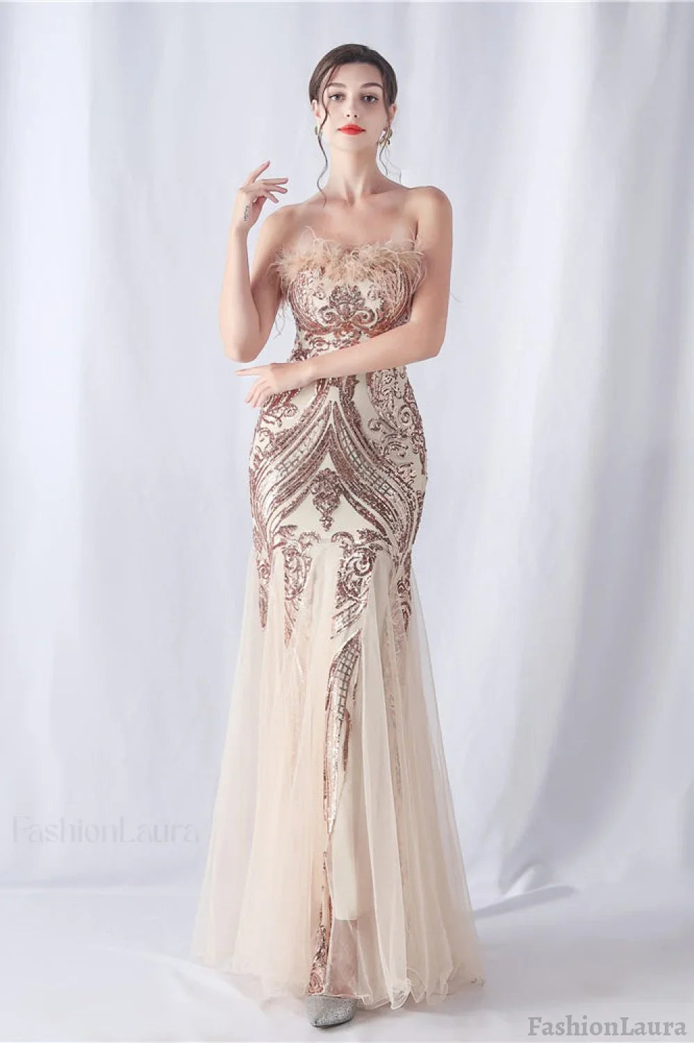 Ostrich Feather Sequin Evening Party Dress