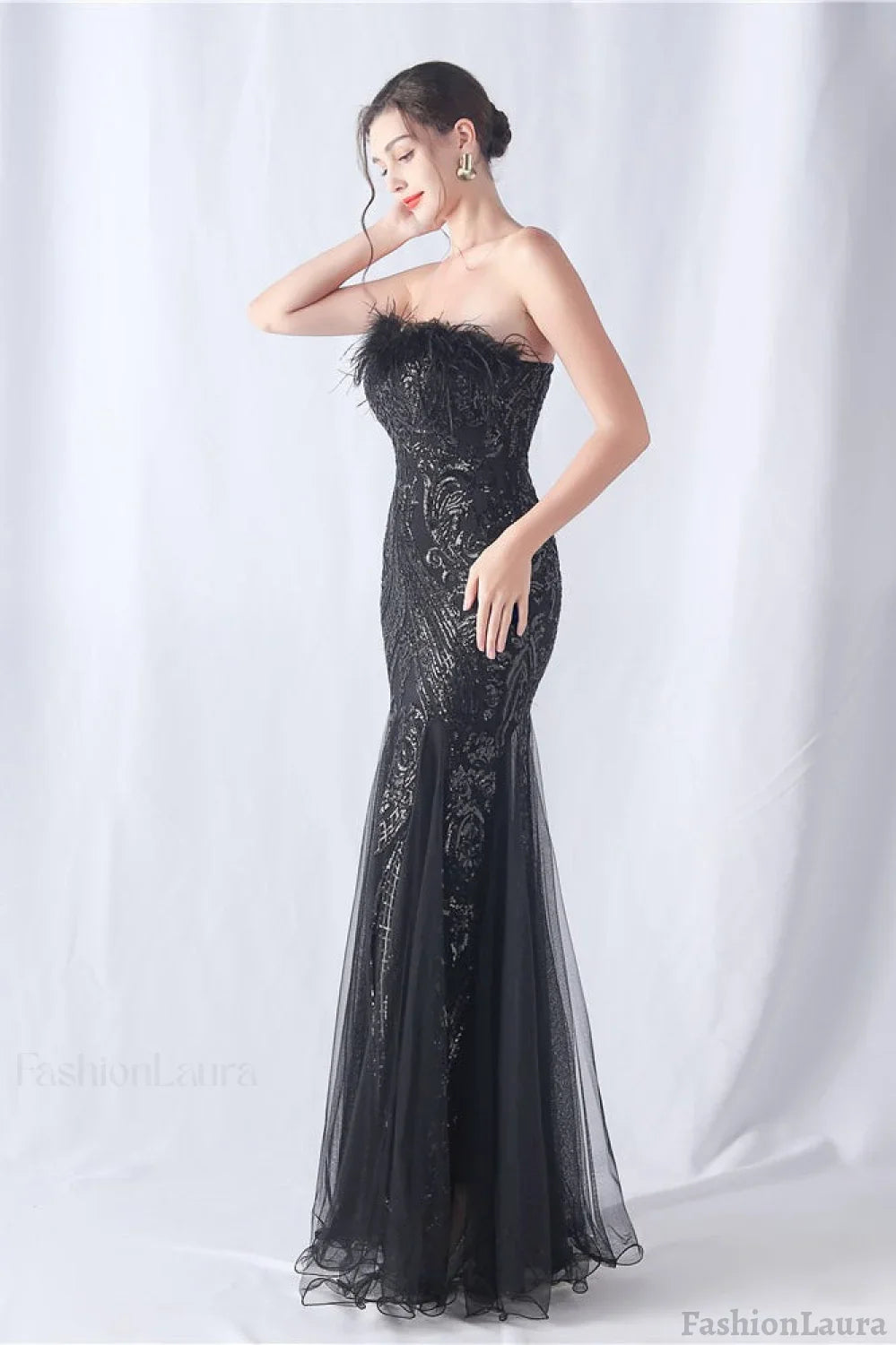 Ostrich Feather Sequin Evening Party Dress