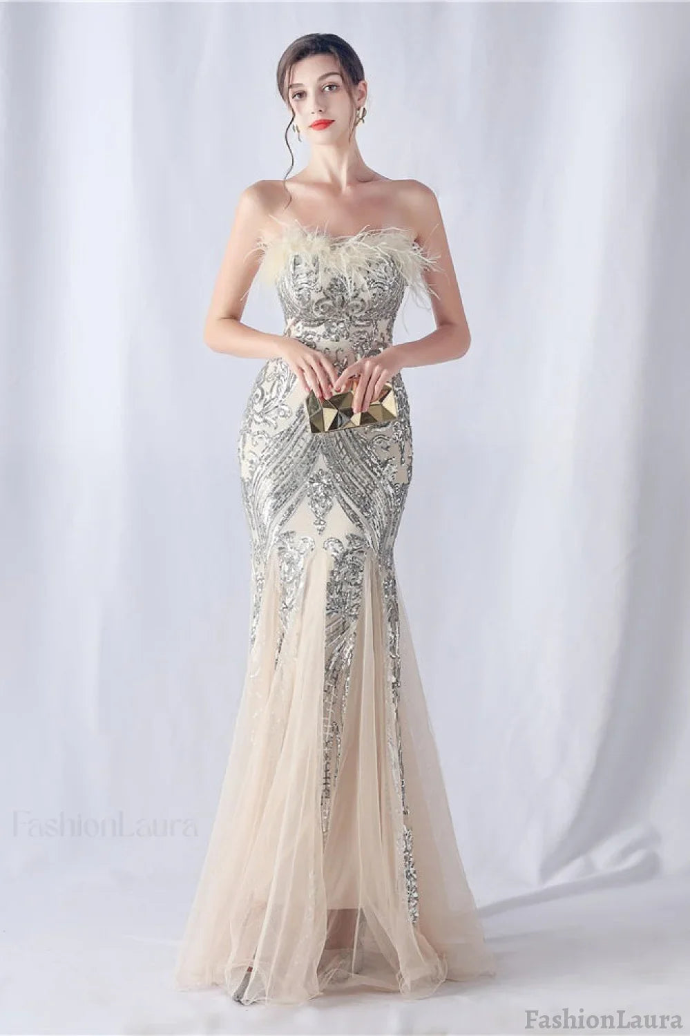 Ostrich Feather Sequin Evening Party Dress