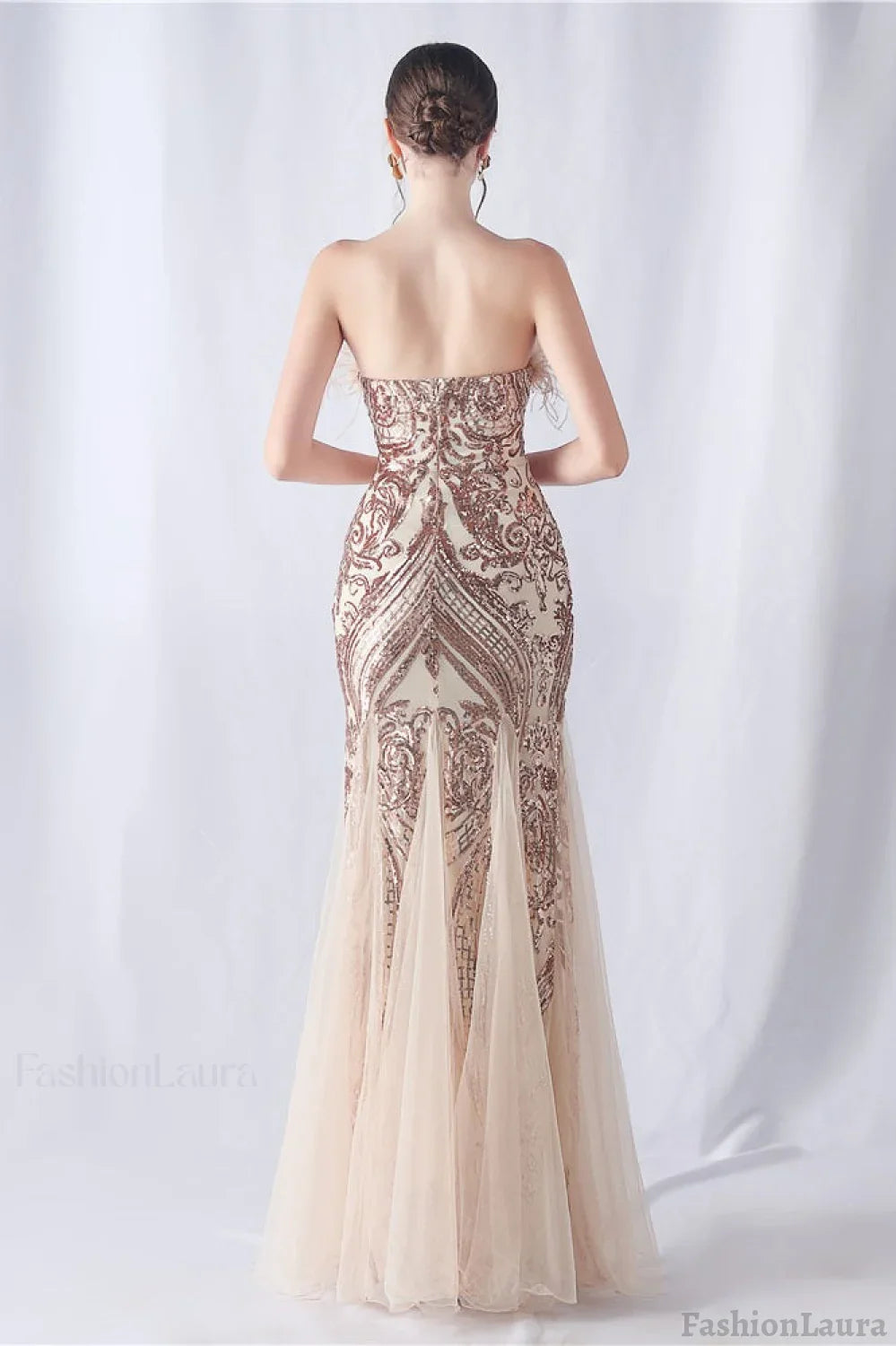 Ostrich Feather Sequin Evening Party Dress Gold / S