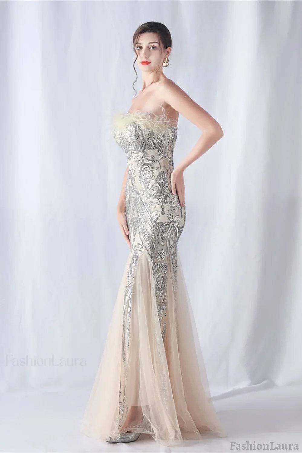 Ostrich Feather Sequin Evening Party Dress Silver / S