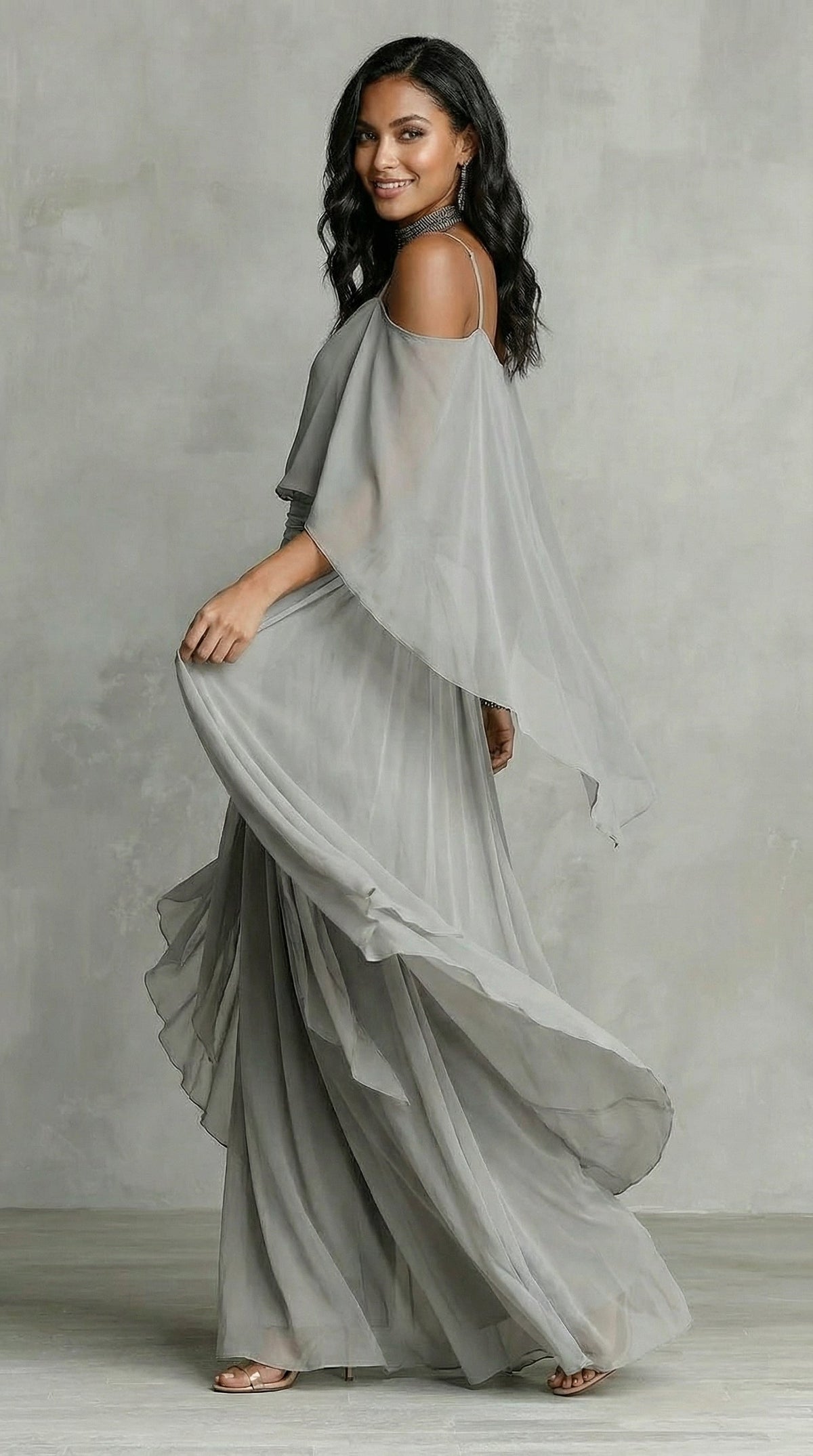 Cold Shoulder Ruffle Draped Chiffon Maxi Dress