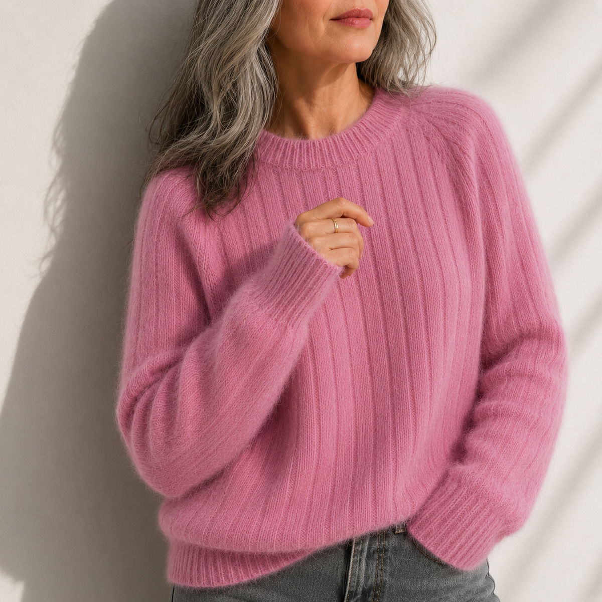 Crew Neck Ribbed Fuzzy Knit Sweater