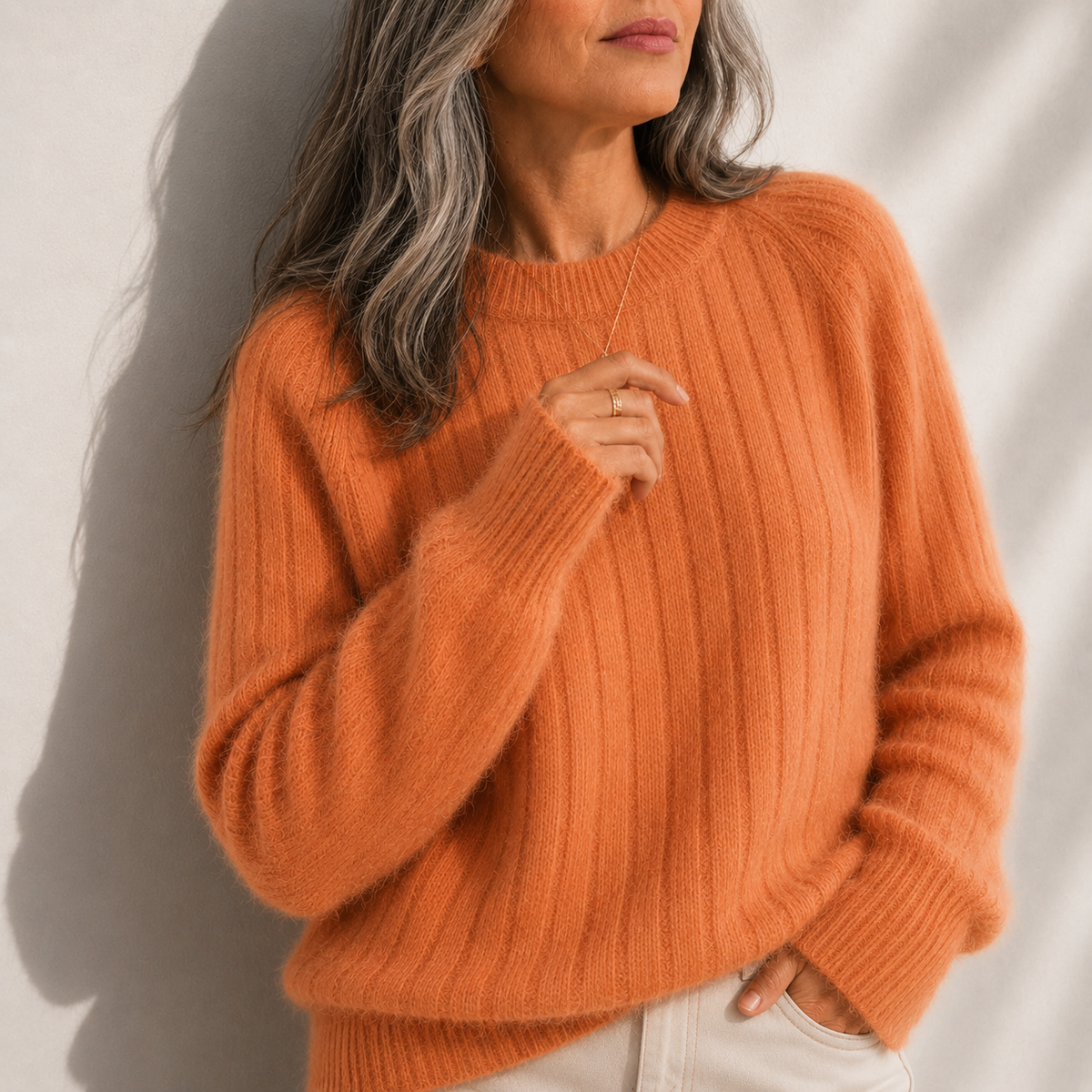 Crew Neck Ribbed Fuzzy Knit Sweater