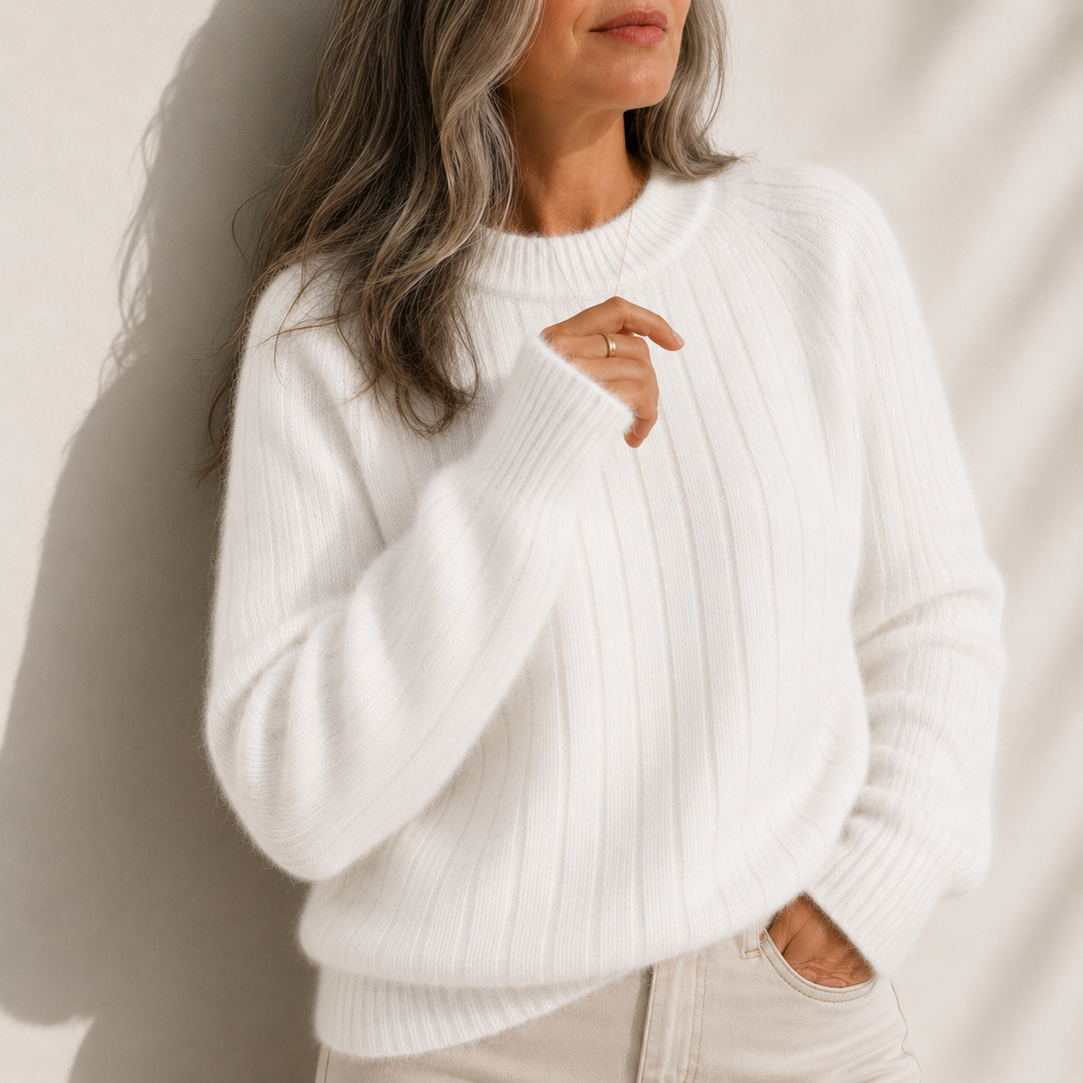 Crew Neck Ribbed Fuzzy Knit Sweater