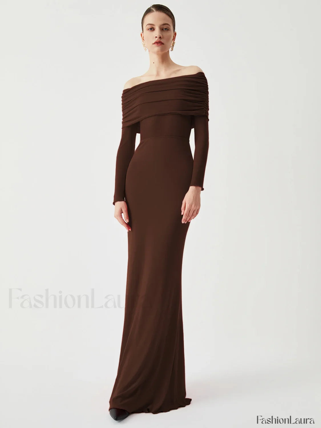 Overfold Off-Shoulder Mesh Trendy Long Sleeve Long Dress