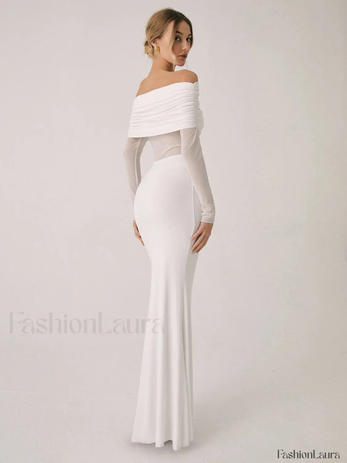 Overfold Off-Shoulder Mesh Trendy Long Sleeve Long Dress