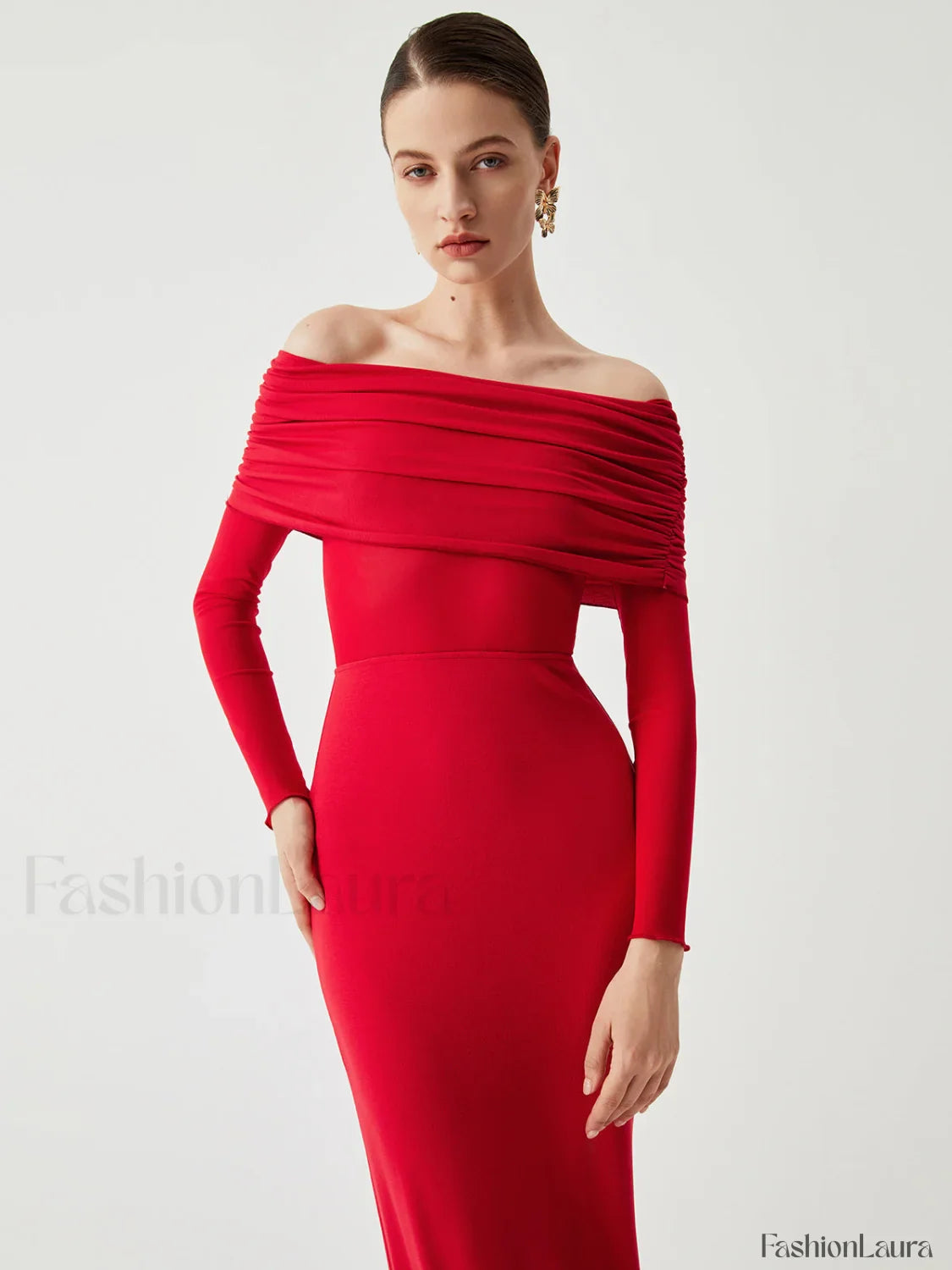 Overfold Off-Shoulder Mesh Trendy Long Sleeve Long Dress