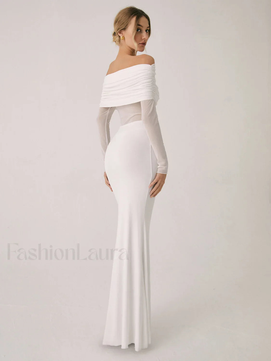 Overfold Off-Shoulder Mesh Trendy Long Sleeve Long Dress