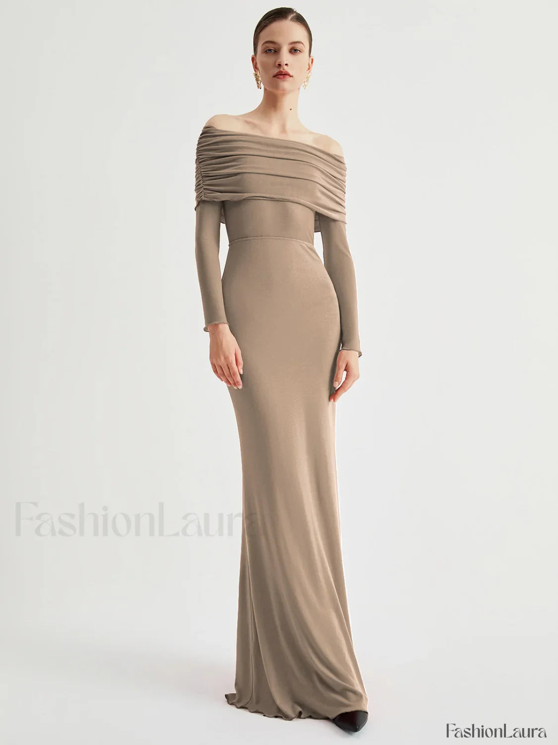 Overfold Off-Shoulder Mesh Trendy Long Sleeve Long Dress