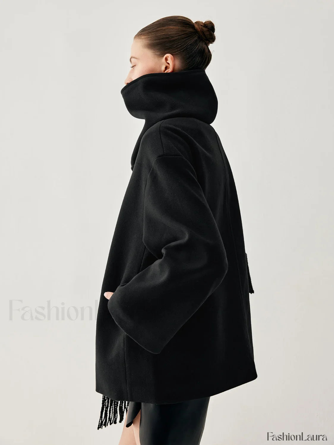 Oversized Button-down Wool Coat Modern with Matching Fringed Scarf