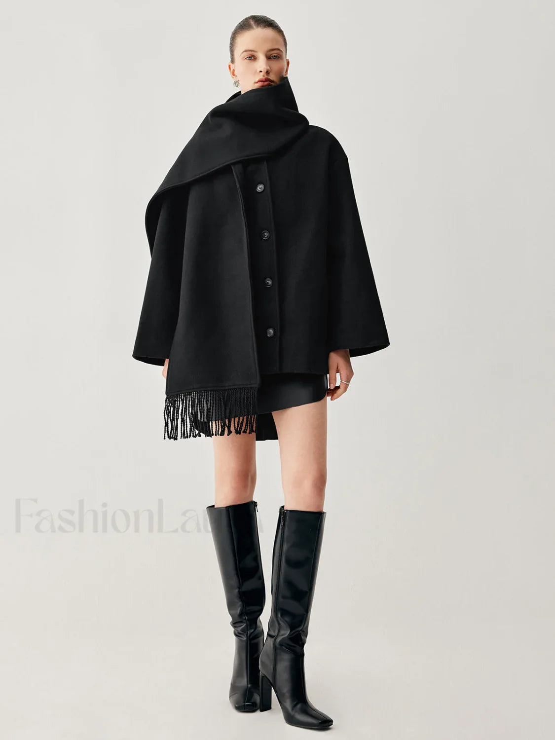 Oversized Button-down Wool Coat Modern with Matching Fringed Scarf