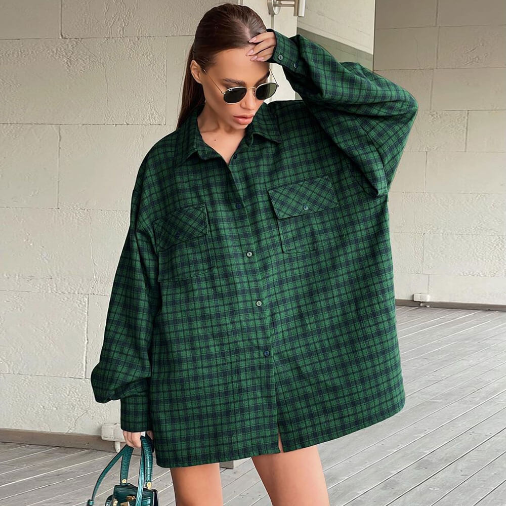 Plaid Oversized Long Sleeve Flap Pocket Button Front Shirt