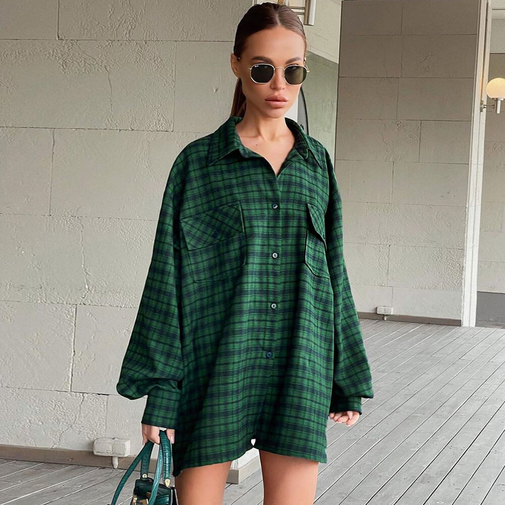 Plaid Oversized Long Sleeve Flap Pocket Button Front Shirt 2