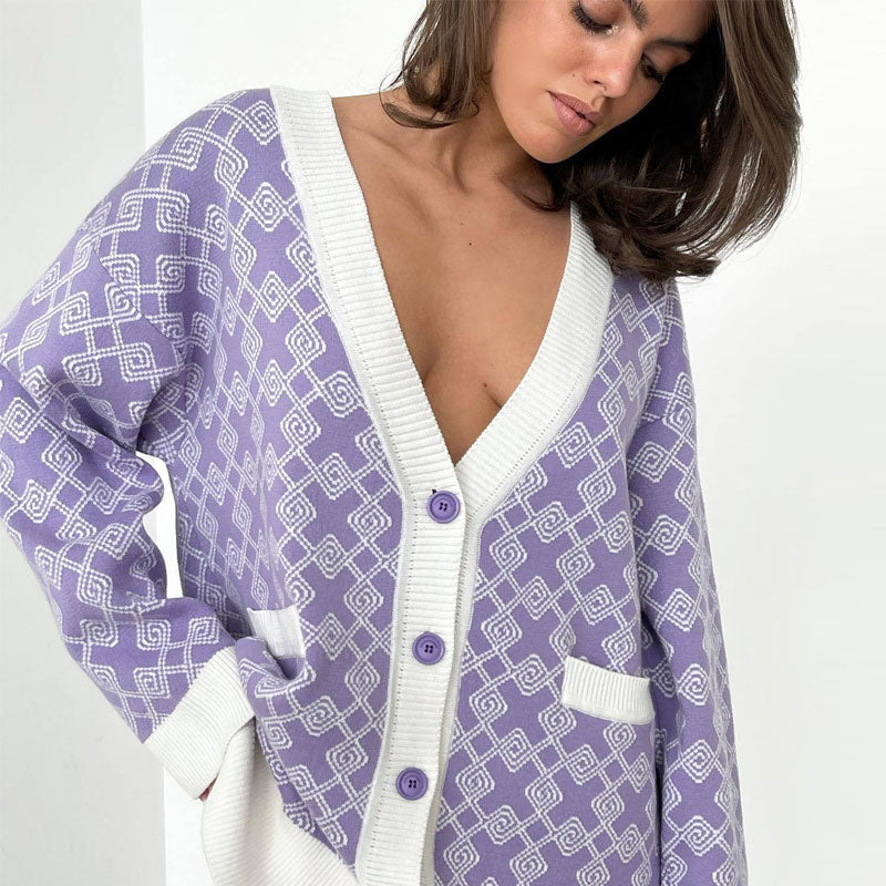 Oversized Plaid Print V Neck Button Up Long Sleeve Ribbed Cardigan - Purple