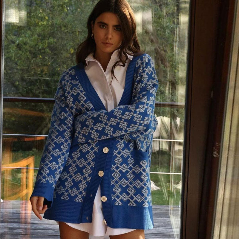 Oversized Plaid Print V Neck Button Up Long Sleeve Ribbed Cardigan - Blue