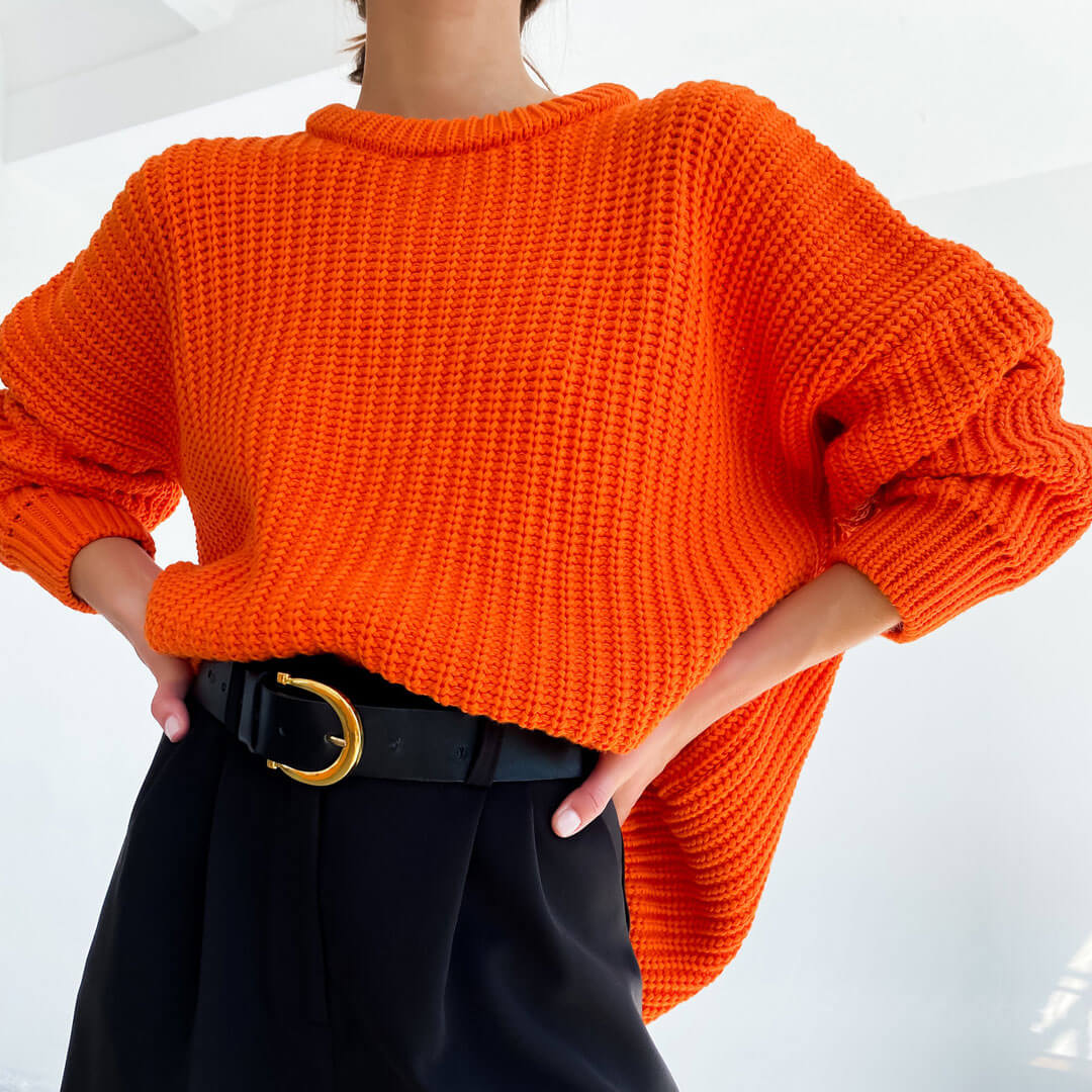 Oversized Ribbed Candy Color Crewneck Pullover Sweater - Orange