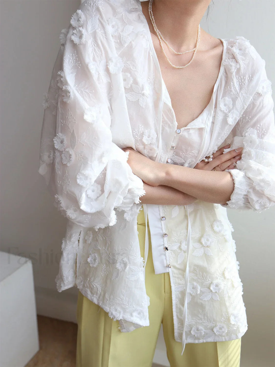 Oversized Semi-Sheer Embroidered Floral Blouse