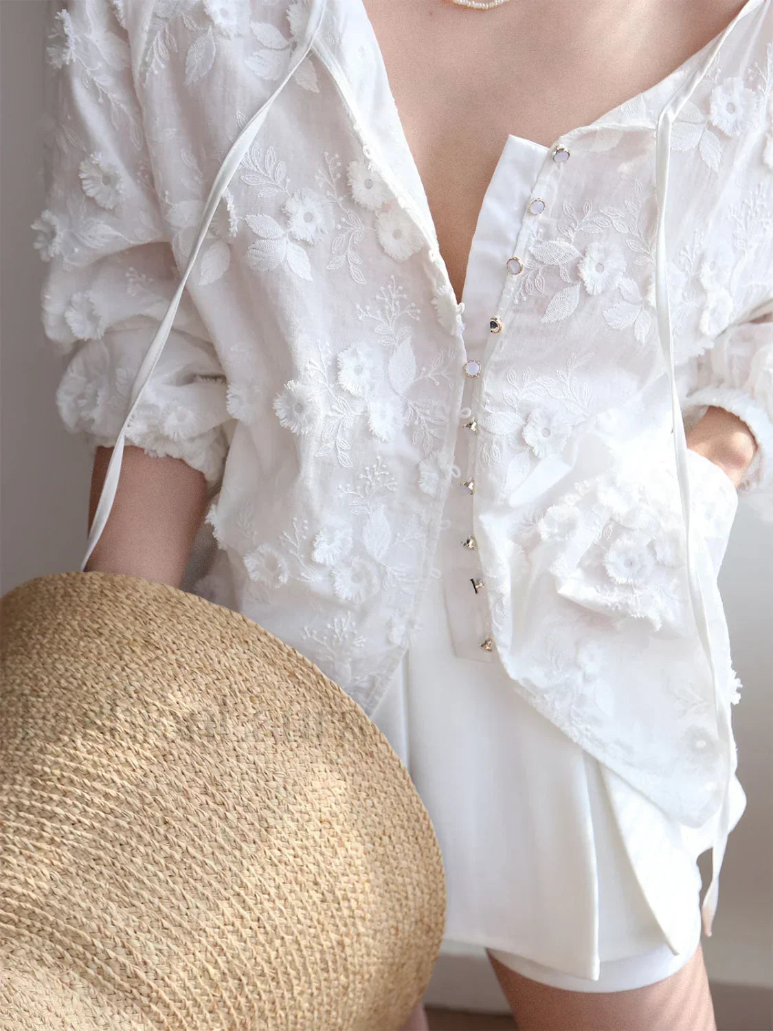 Oversized Semi Sheer Embroidered Floral Blouse White / XS Blouses