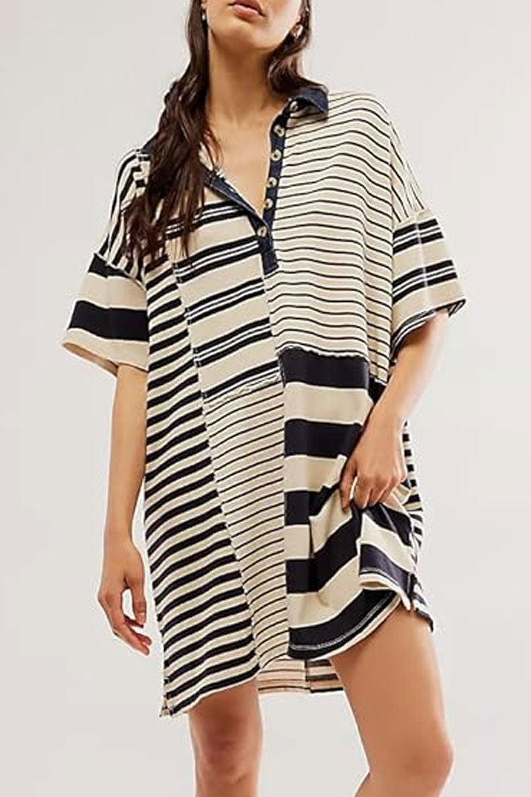 Oversized Stripe Print Patchwork Denim Collar Short Sleeve Mini T Shirt Dress