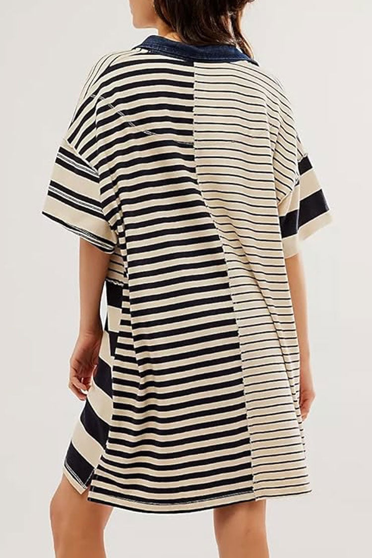 Oversized Stripe Print Patchwork Denim Collar Short Sleeve Mini T Shirt Dress