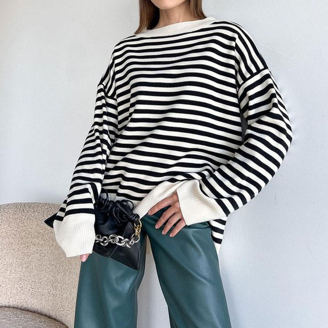 Oversized Striped Crew Neck Drop Shoulder Long Sleeve Sweater - Stripe