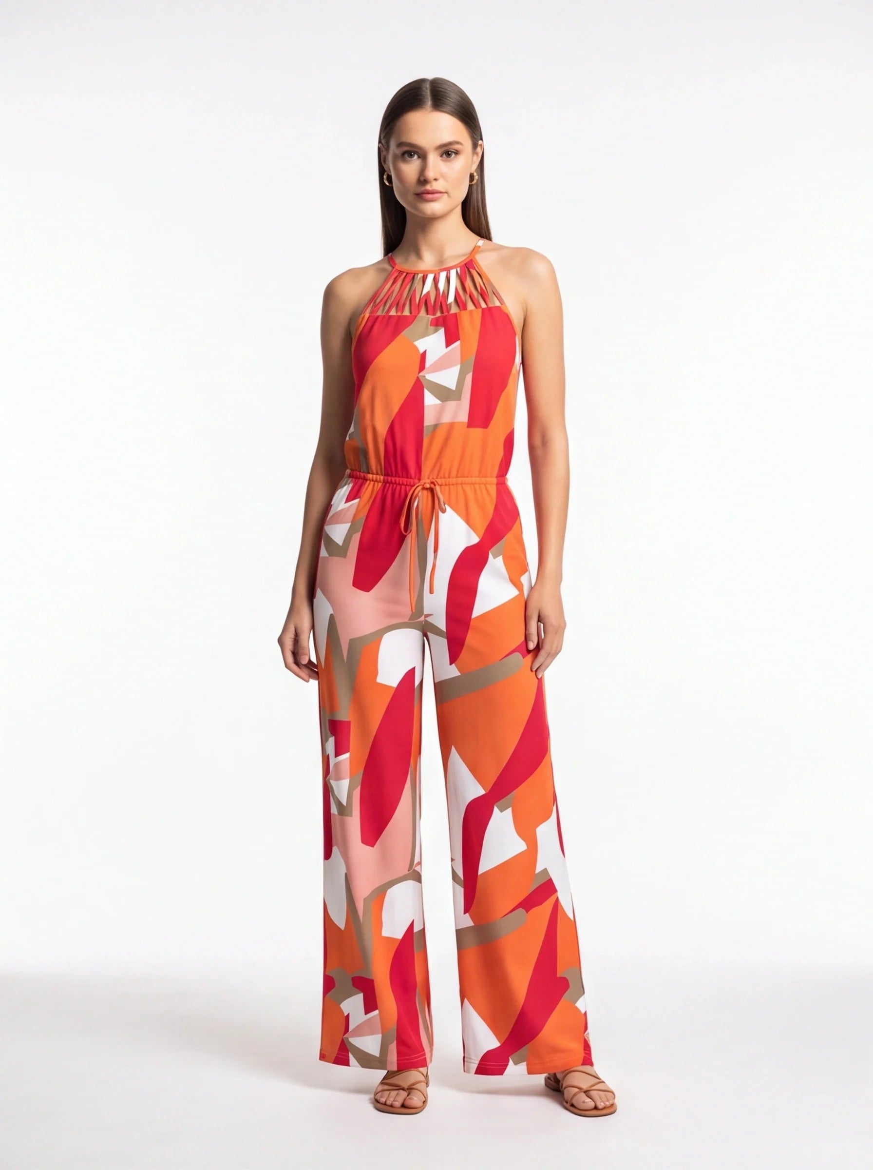 Stylish Geometric Print Halter Jumpsuit with Adjustable Straps & Pocket