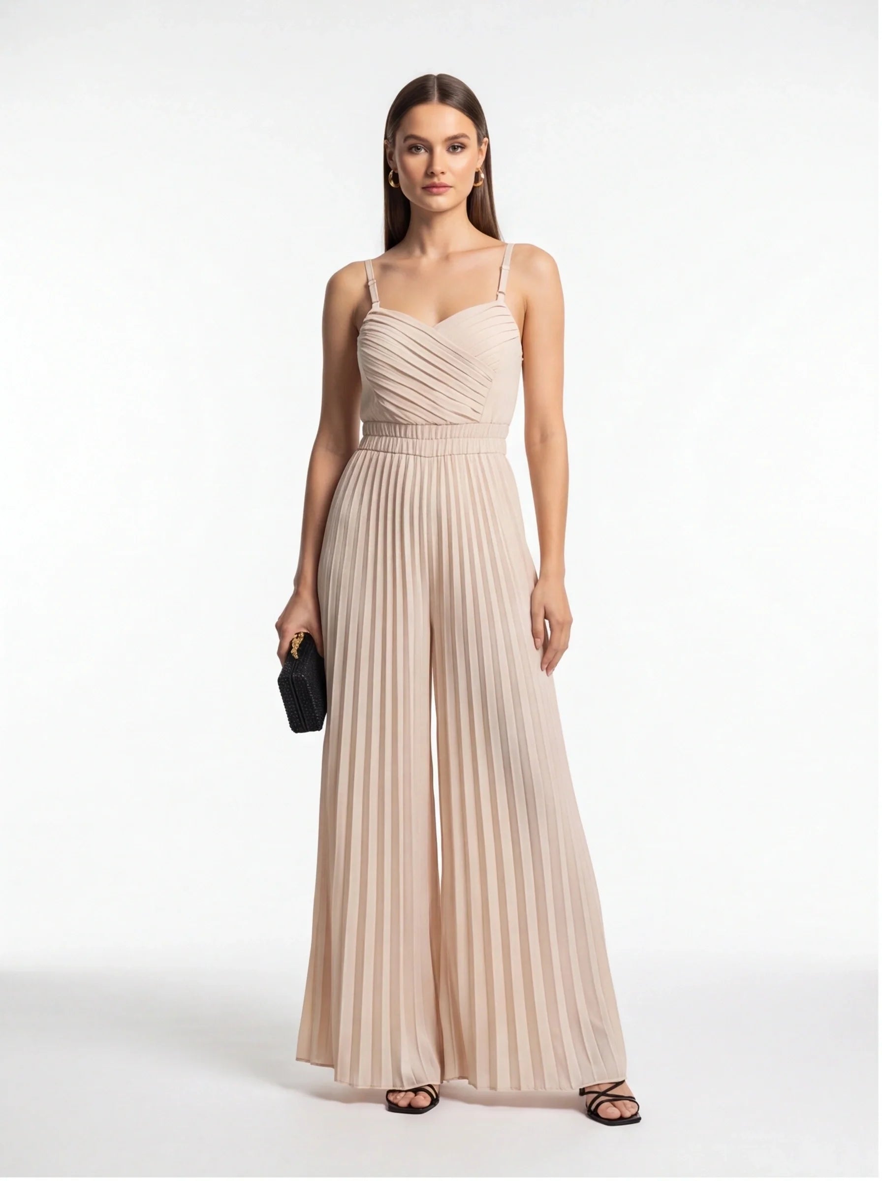 Elegant Wide-Leg Flared Jumpsuit with Adjustable Straps & Pockets