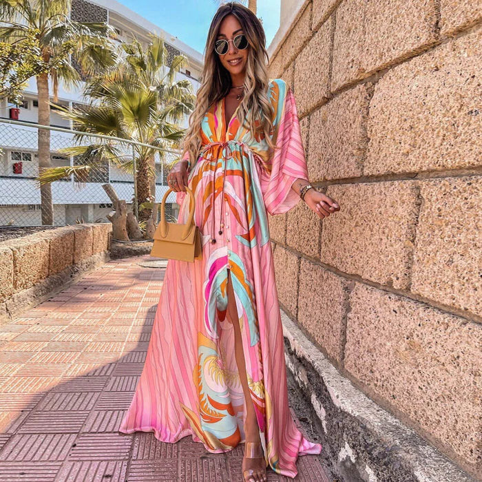 Deep V-Neck Batwing Sleeve High Split Maxi Dress