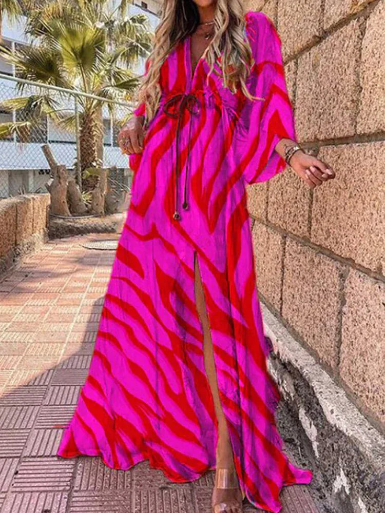 Deep V-Neck Batwing Sleeve High Split Maxi Dress 3