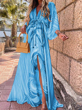 Deep V-Neck Batwing Sleeve High Split Maxi Dress 2
