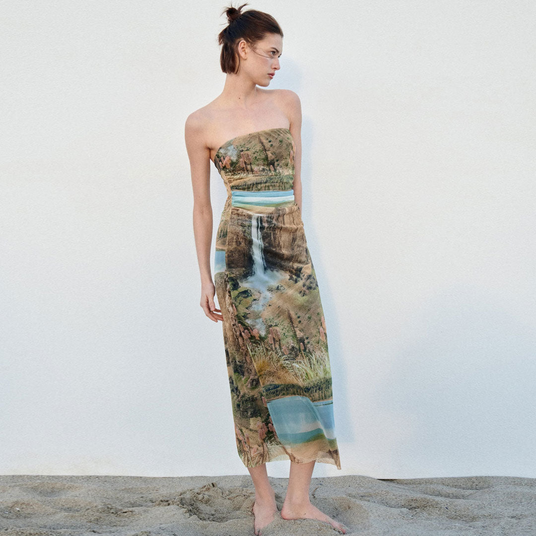 Scenic Landscape Print Strapless Mesh Straight Midi Dress