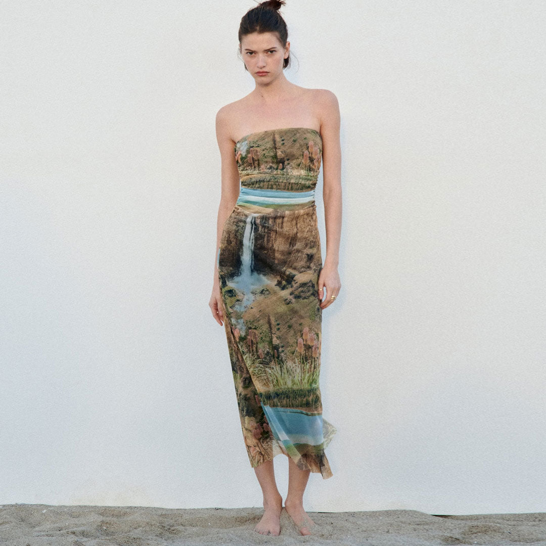 Painterly Printed Ruched Mesh Split Trim Strapless Midi Dress - Green 2