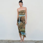 Painterly Printed Ruched Mesh Split Trim Strapless Midi Dress - Green 2