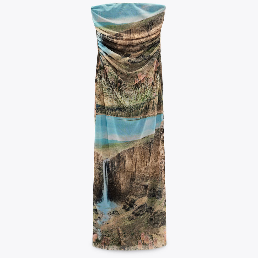 Painterly Printed Ruched Mesh Split Trim Strapless Midi Dress - Green 3