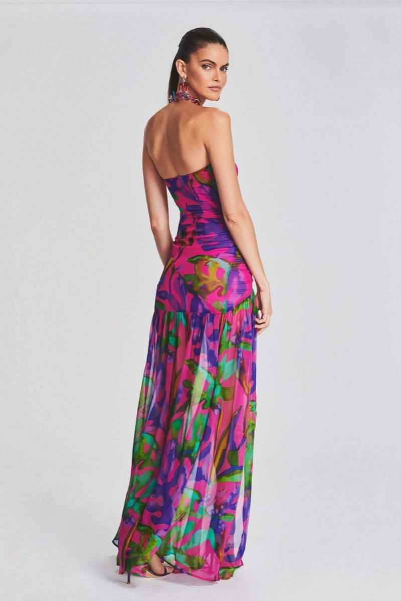 Tropical Print Strapless Draped Bodice Mesh Skirt High Split Maxi Dress 4