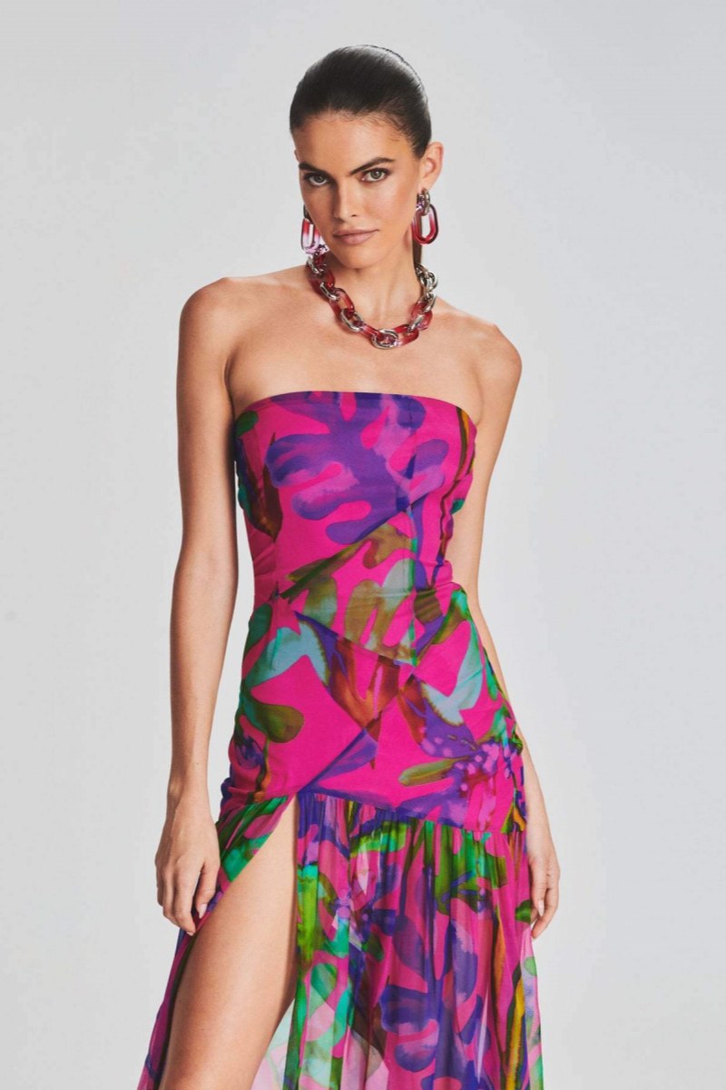 Tropical Print Strapless Draped Bodice Mesh Skirt High Split Maxi Dress 2