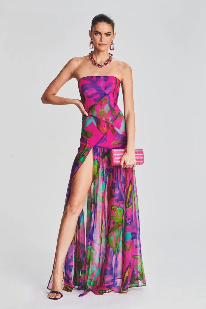 Tropical Print Strapless Draped Bodice Mesh Skirt High Split Maxi Dress 7