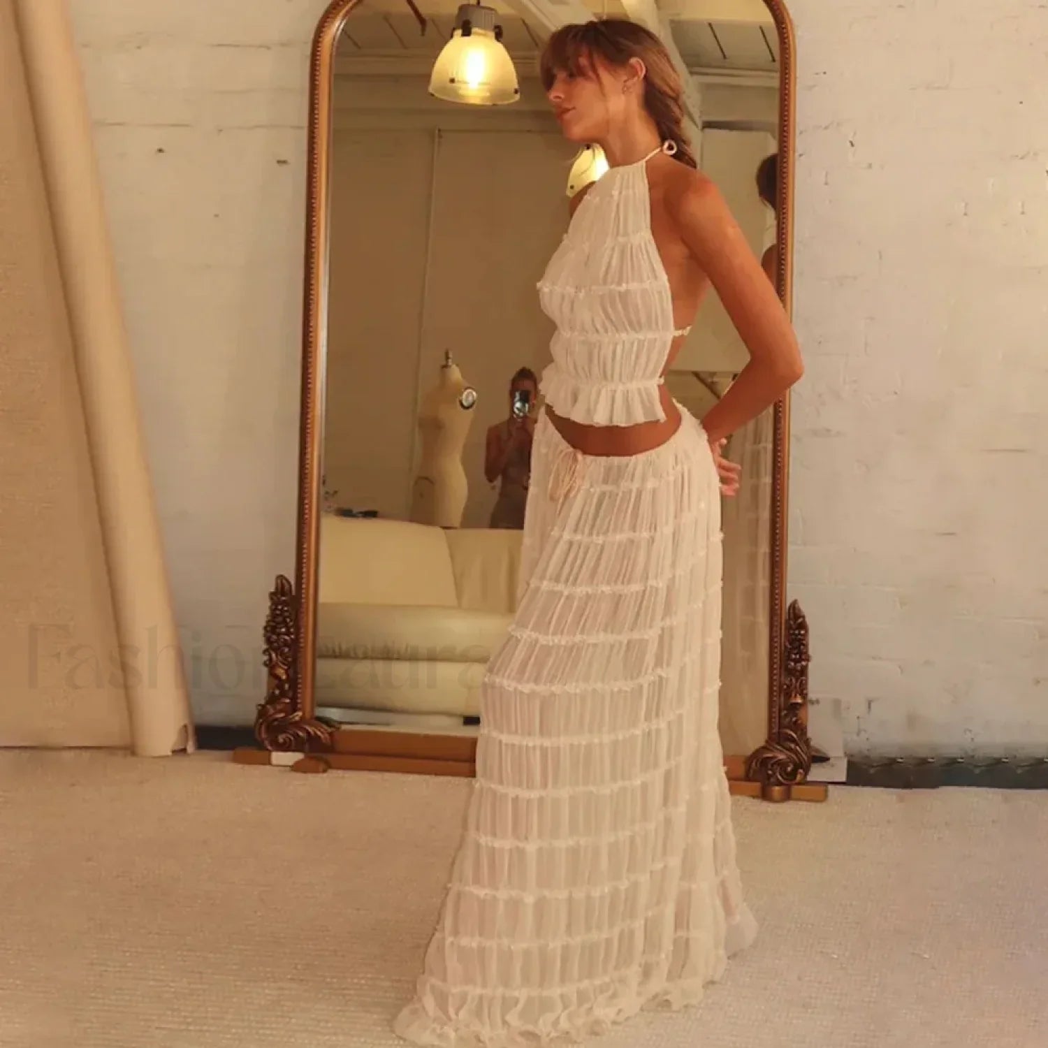 Party Beach Halter Skirt Two Piece Set Apricot / S